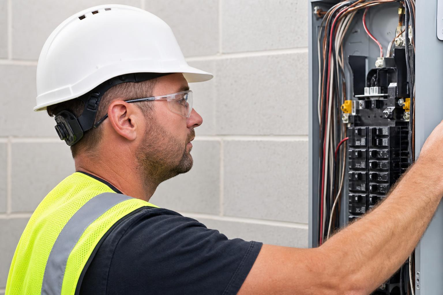 Licensed electrician inspecting a residential electrical panel at a Columbus home.