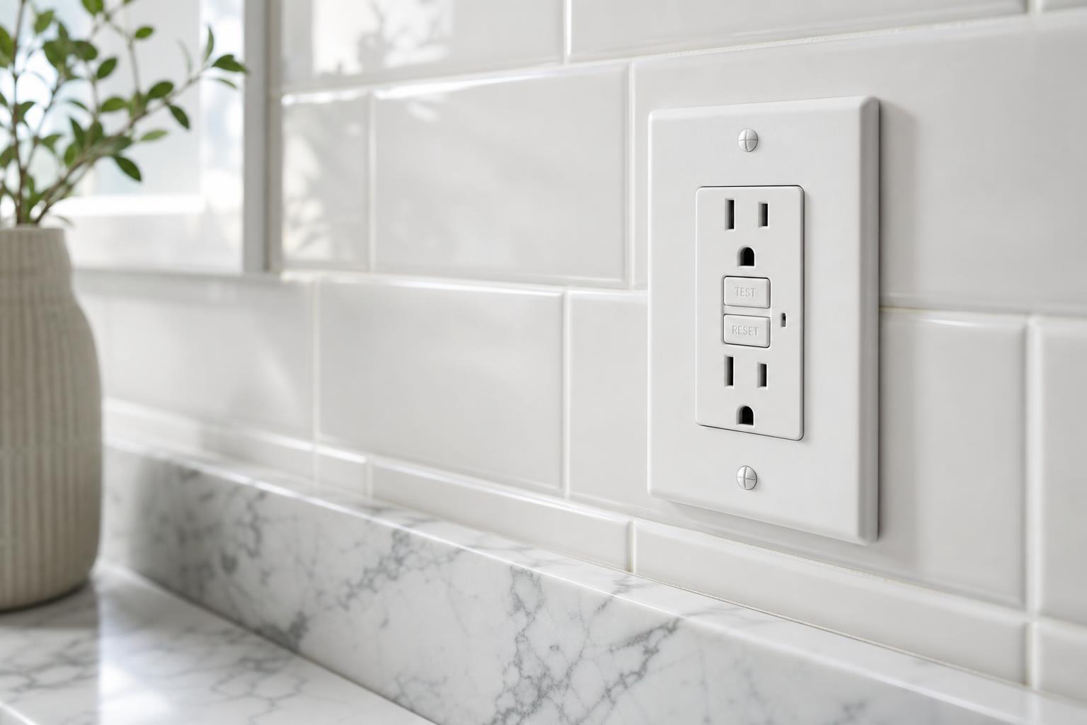 Electrician installing a GFCI outlet in a residential bathroom wall.