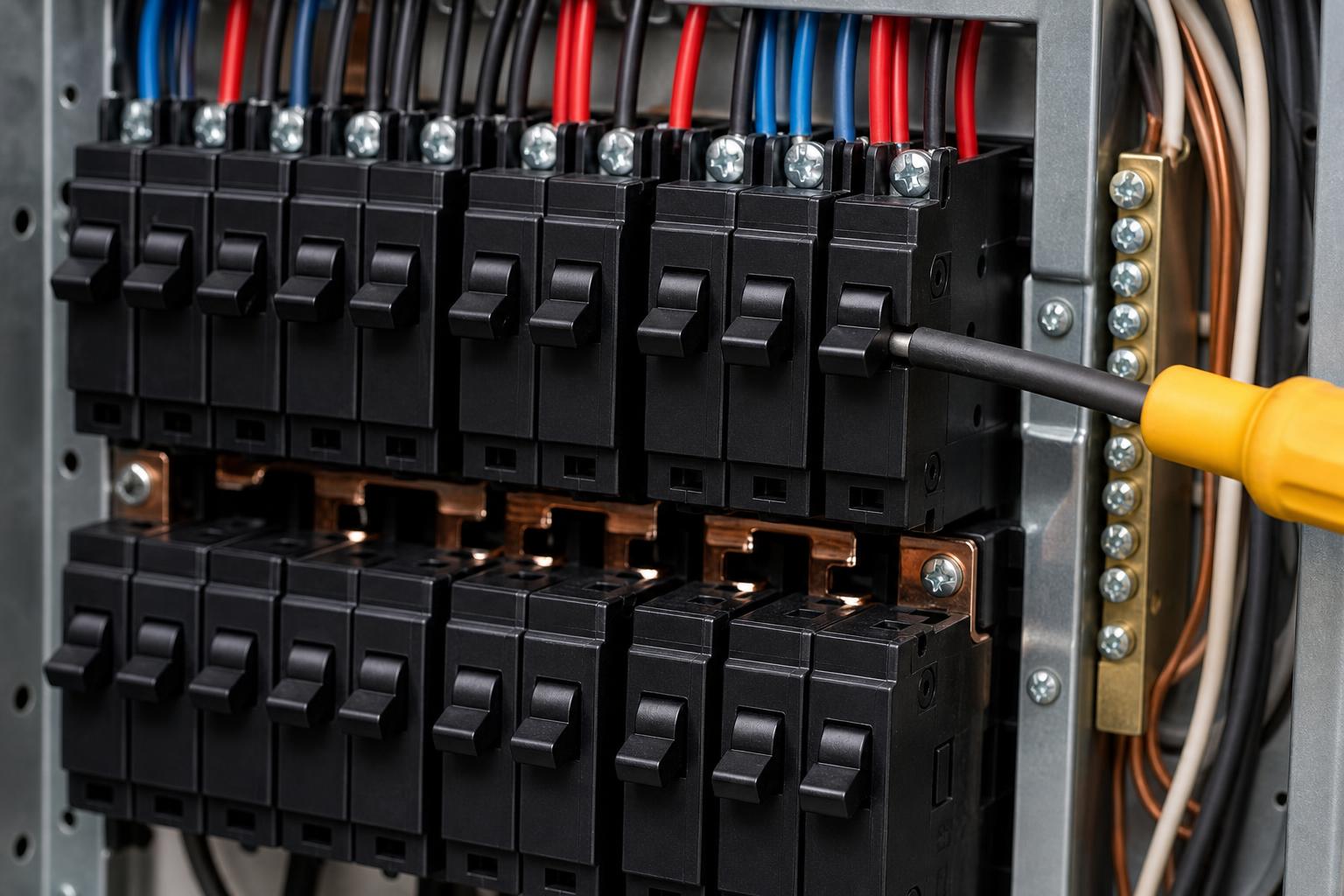 Electrician installing circuit breakers in a new residential electrical panel.